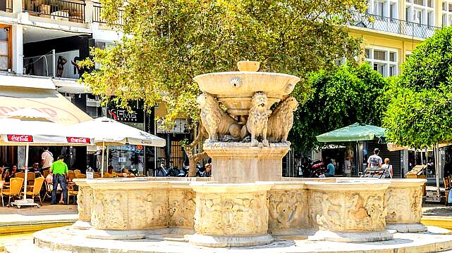 Morosini Fountain is a historic Venetian fountain in the heart of Heraklion, adorned with lions and ornate carvings