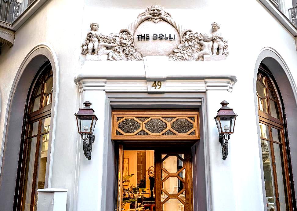 elegant hotel entrance with ornate architecture and warm lighting