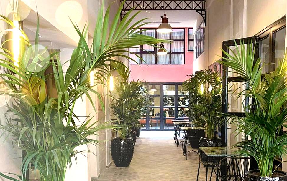 indoor courtyard with tropical plants and cozy seating