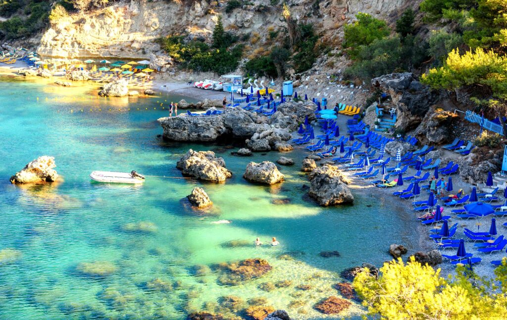 Anthony Quinn Bay is a picturesque location known for its clear waters and rugged scenery, named after the actor