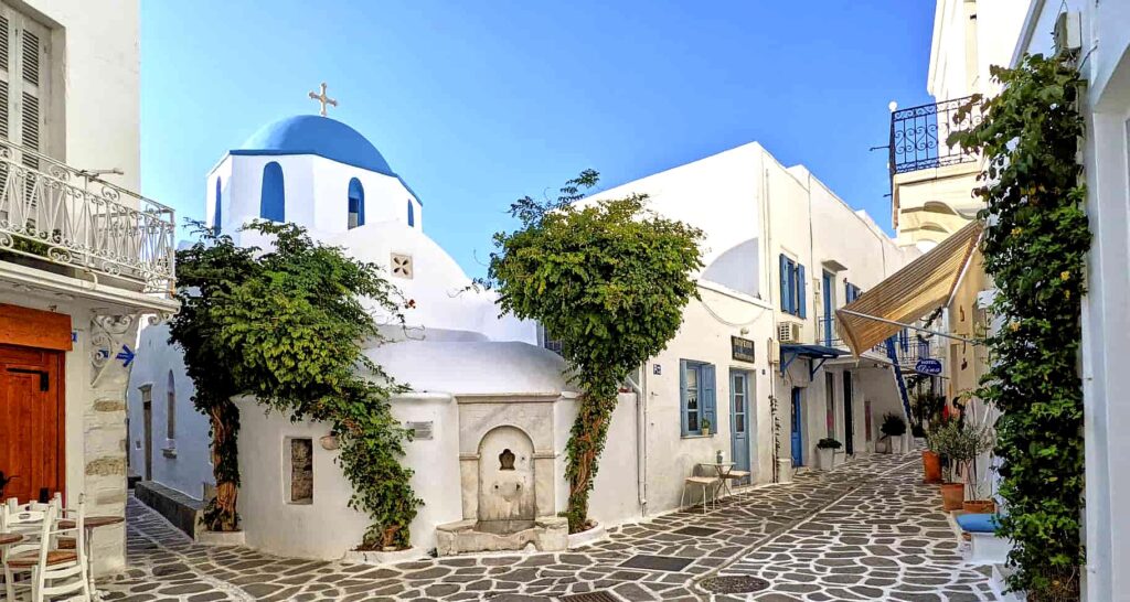 Parikia is the capital of Paros, featuring a charming harbor, whitewashed buildings, and the famed Church of Panagia Ekatontapiliani