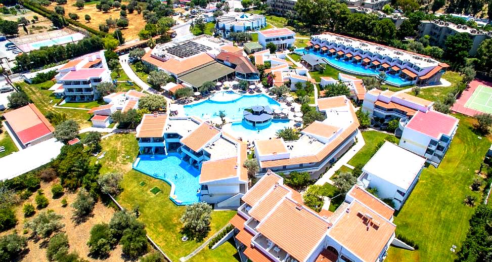 aerial view of hotel and pool