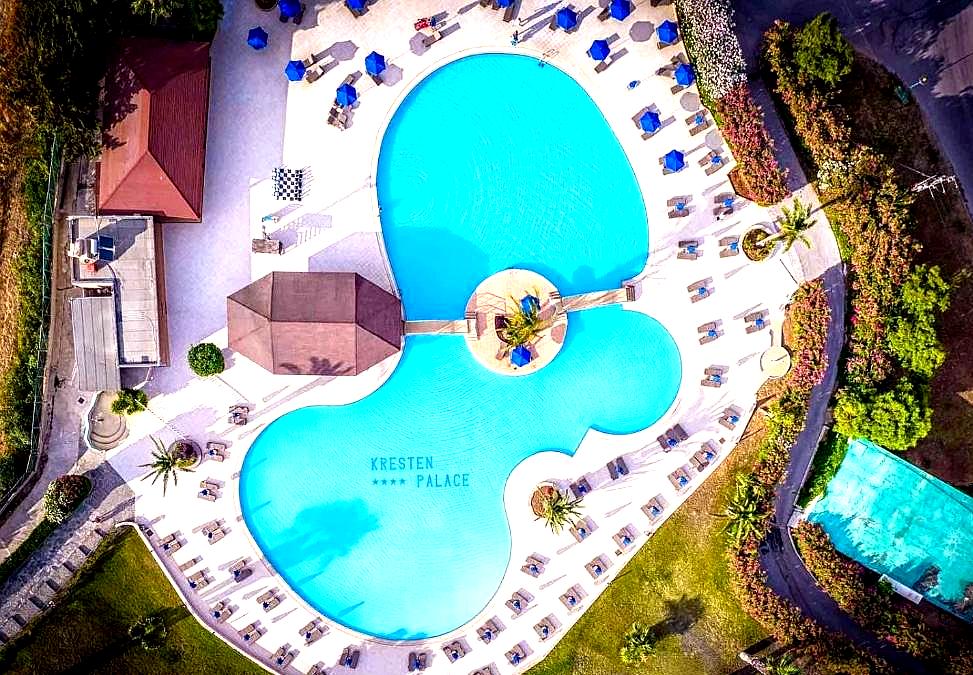 aerial view of swimming pool with sun loungers