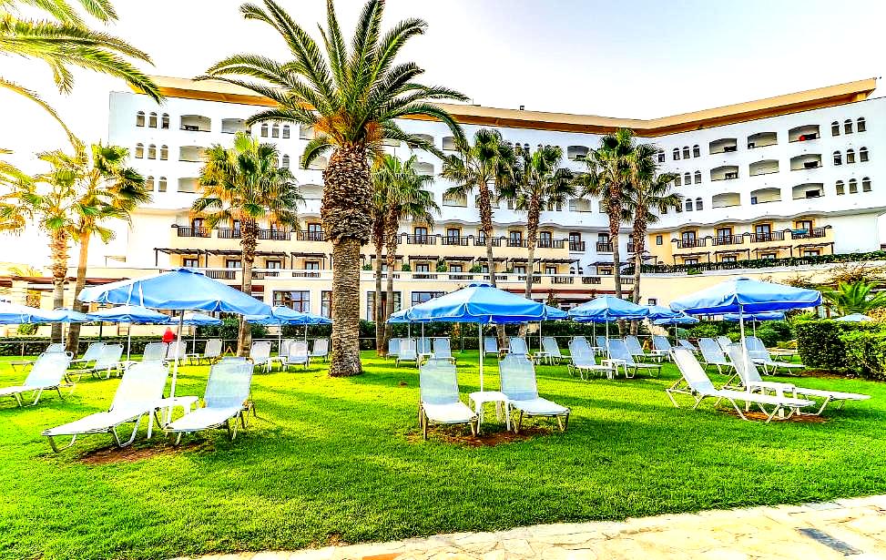 beachfront resort garden with palm trees