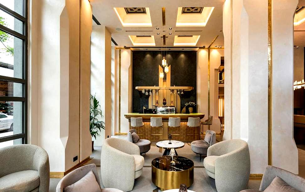 chic lobby with elegant seating and golden accents