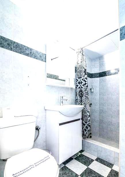 compact bathroom with walk in shower and modern tiles