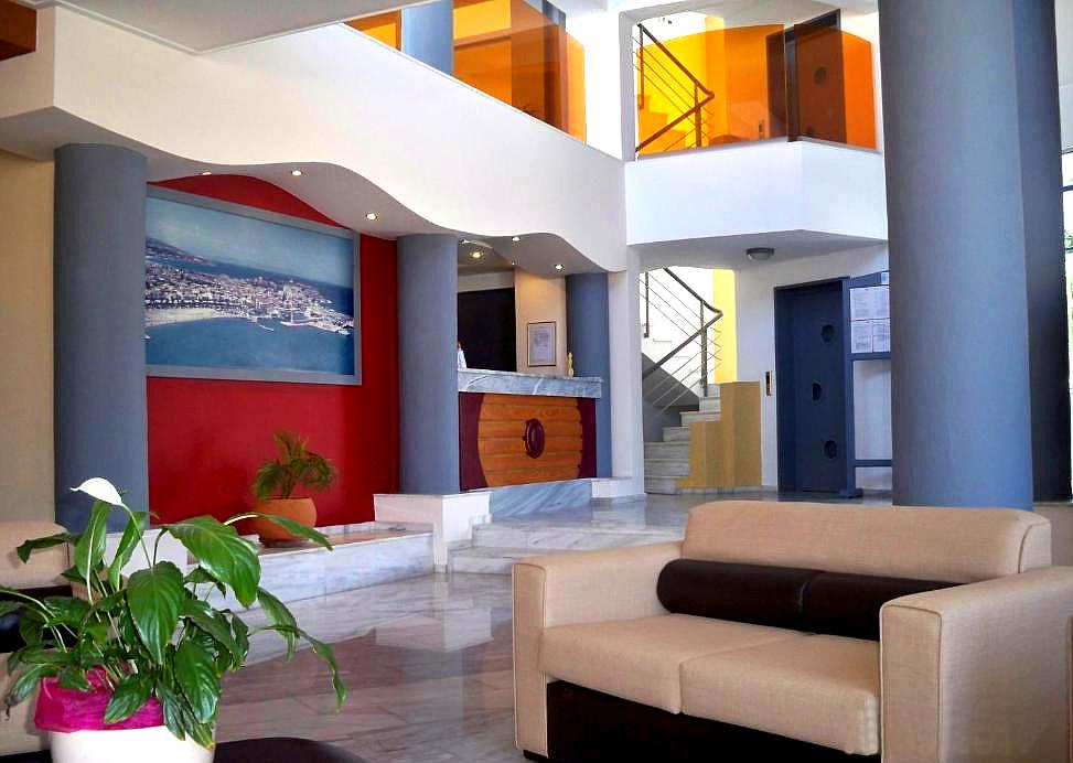 contemporary hotel lobby with colorful accents and comfortable seating