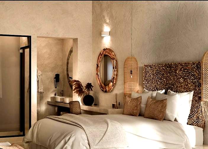 cozy guest room with natural decor and textured walls