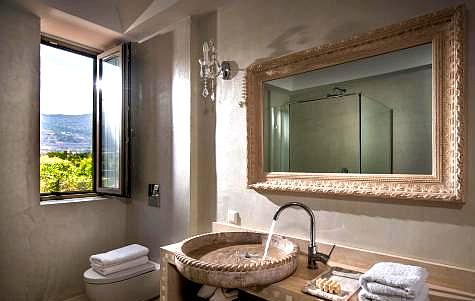 elegant bathroom with decorative mirror and natural light