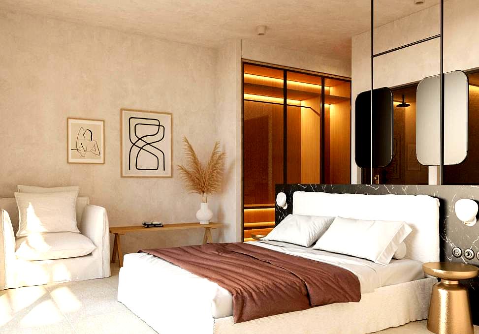 elegant bedroom suite with modern decor and warm lighting