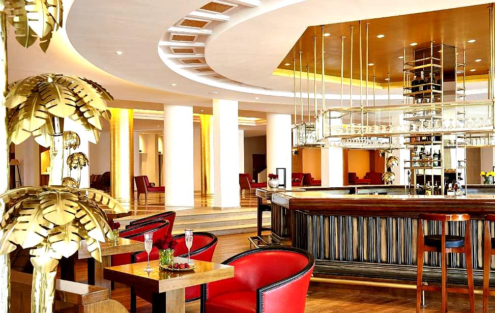 elegant hotel bar with modern decor and luxurious seating