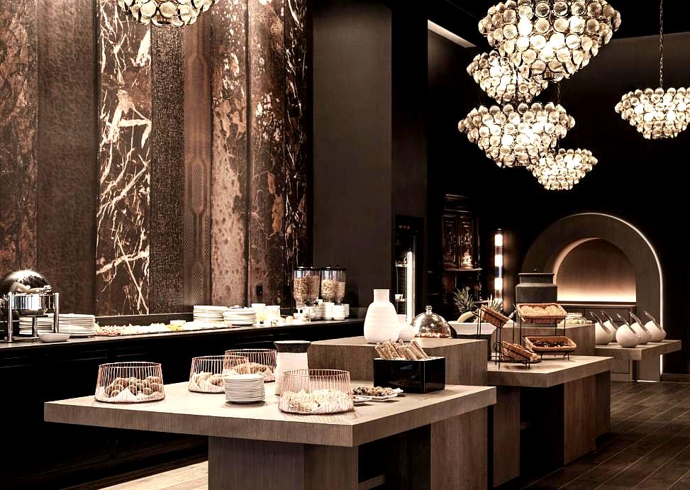 elegant hotel dining area with luxurious buffet setup