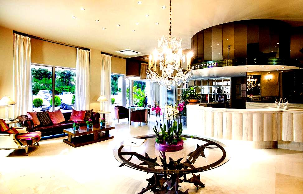 elegant hotel lobby with chandelier