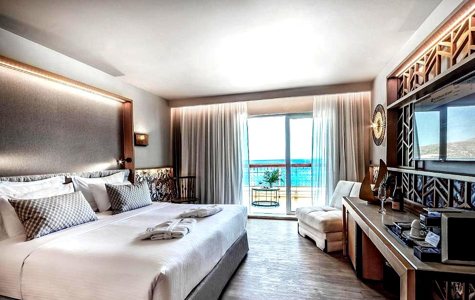 elegant hotel room with sea view and luxurious amenities