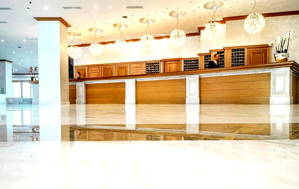 elegant lobby with wooden reception desk