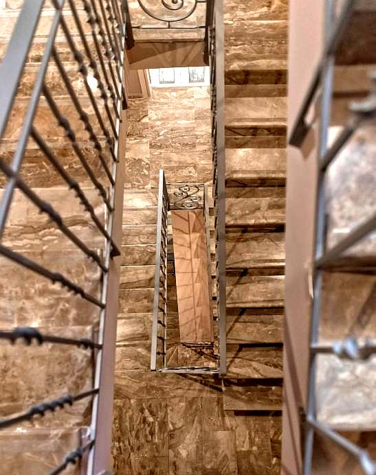 elegant staircase with marble steps and iron railings