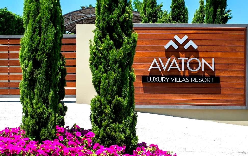 hotel entrance with tall trees and flowers