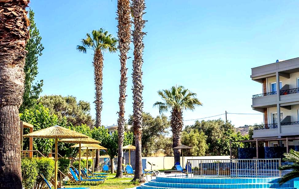 hotel garden with palm trees and swimming pool