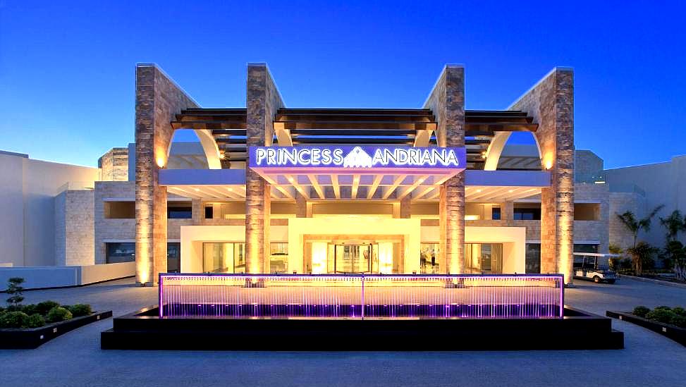 illuminated hotel entrance at night