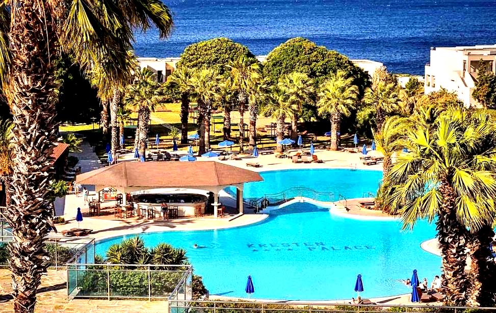 large swimming pool with sea view and palm trees