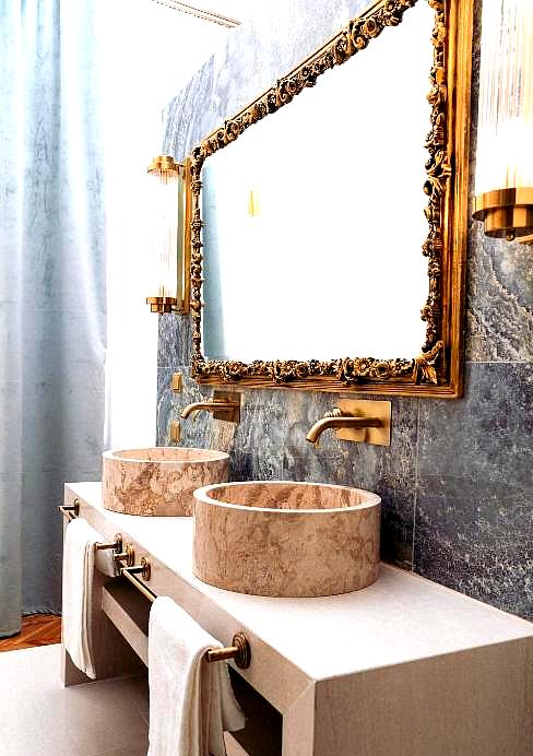 luxurious bathroom with double marble sinks