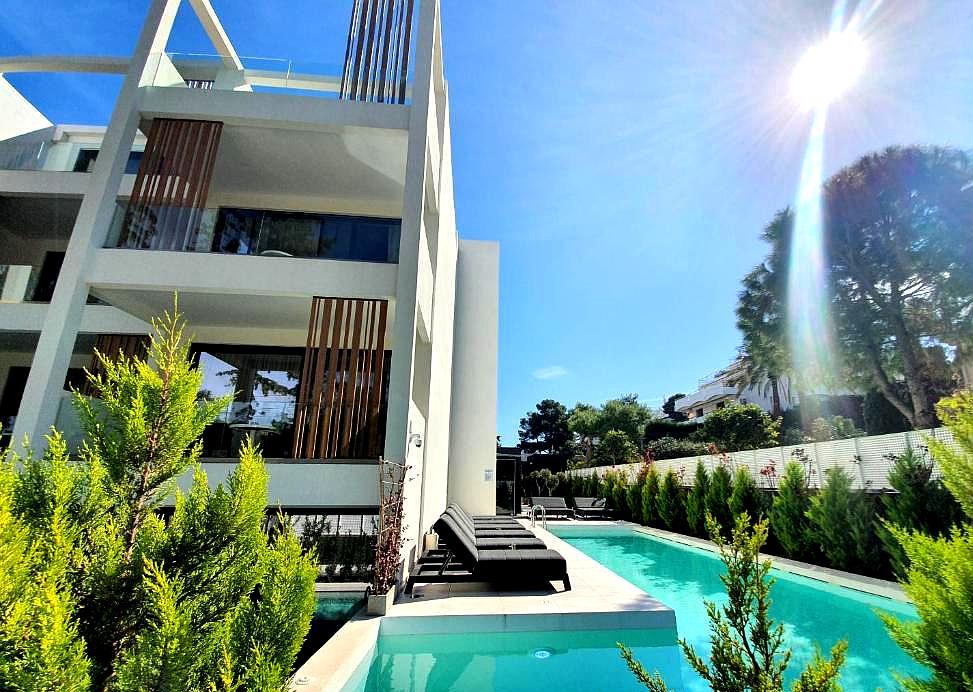 luxury private pool with modern apartment view