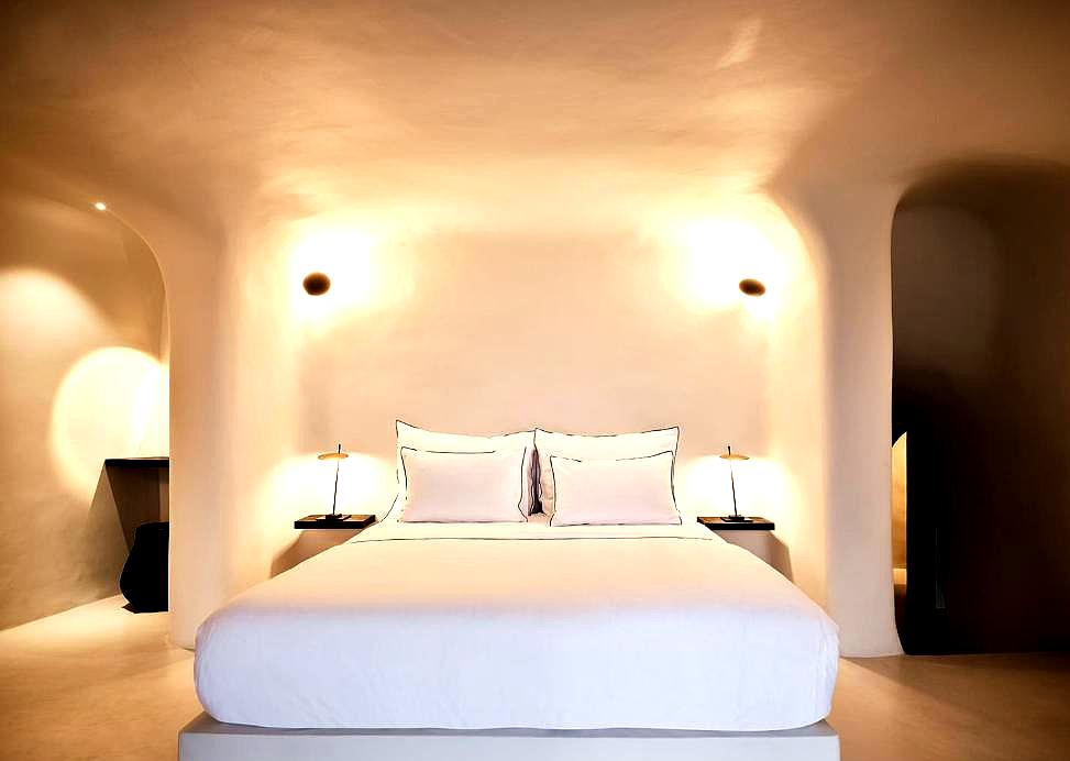 minimalistic bed in cave style room