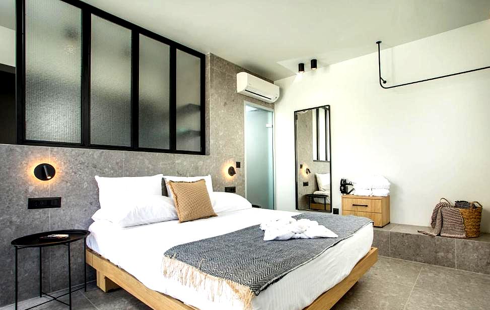 modern bedroom with industrial decor