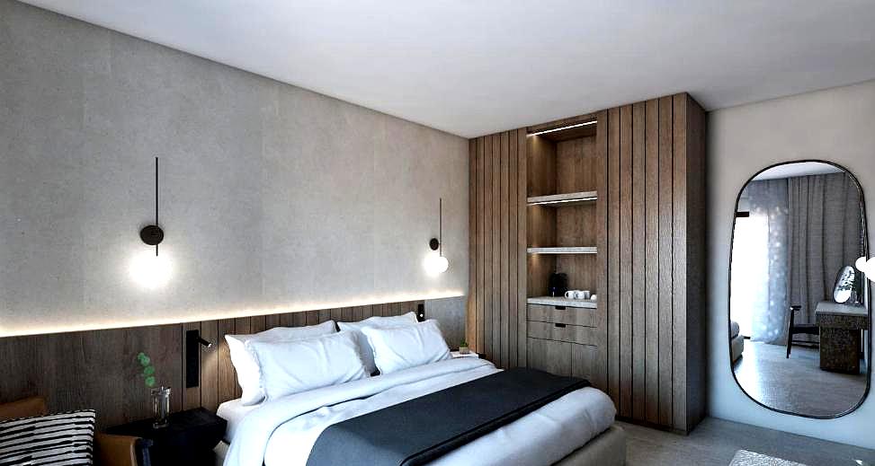 modern bedroom with wooden decor