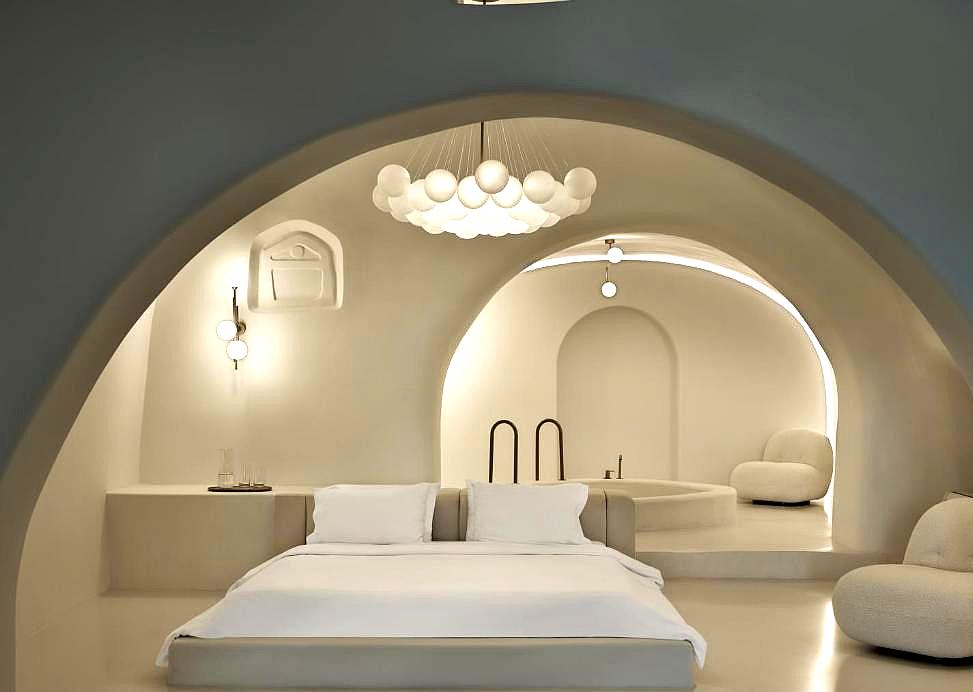 modern cave style bedroom with unique lighting