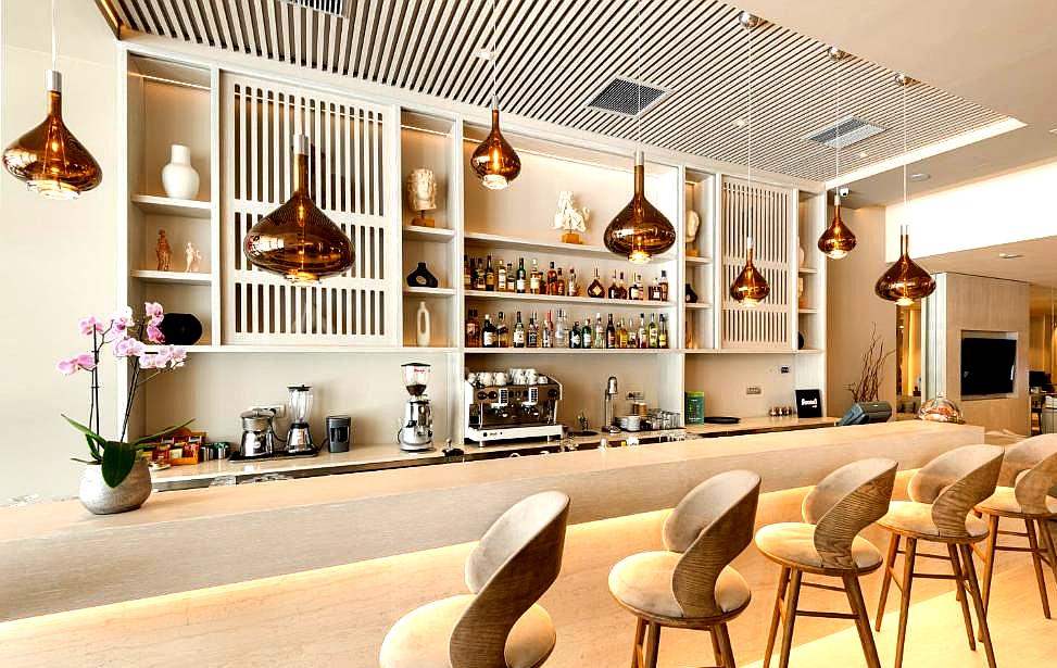 modern hotel bar with wooden accents