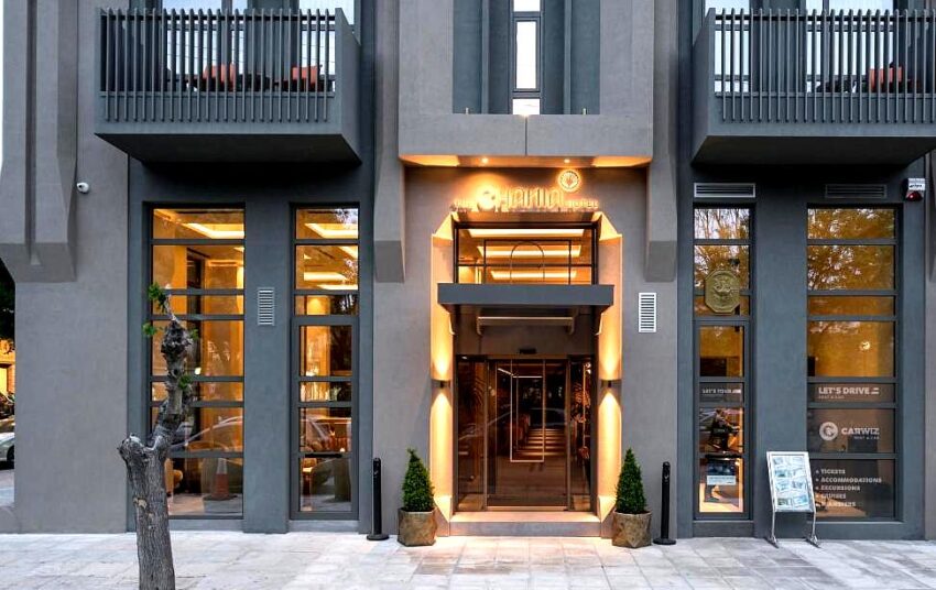 modern hotel entrance with stylish architecture and warm lighting