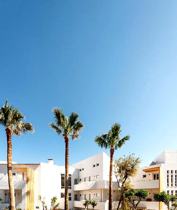 modern hotel exterior with palm trees and blue sky