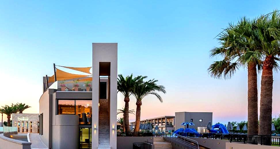 modern hotel exterior with palm trees