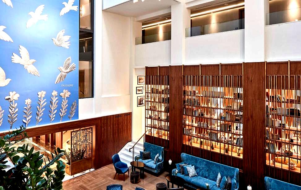 modern hotel lobby with blue accents