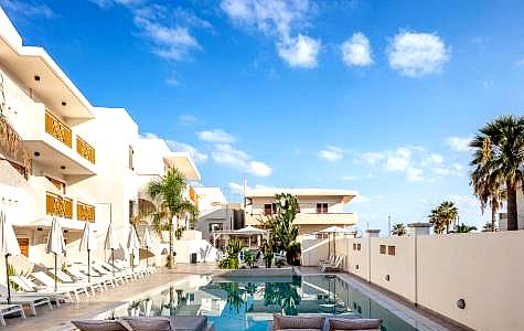 modern hotel pool area with white architecture