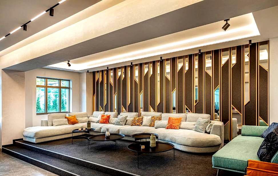 modern lounge area with decorative wall