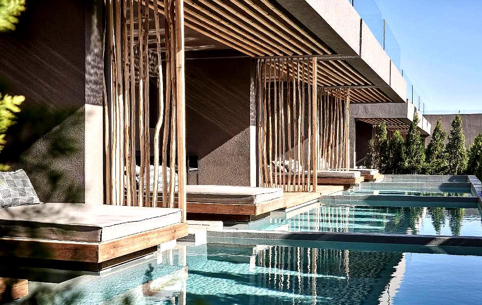 modern poolside cabanas with water access