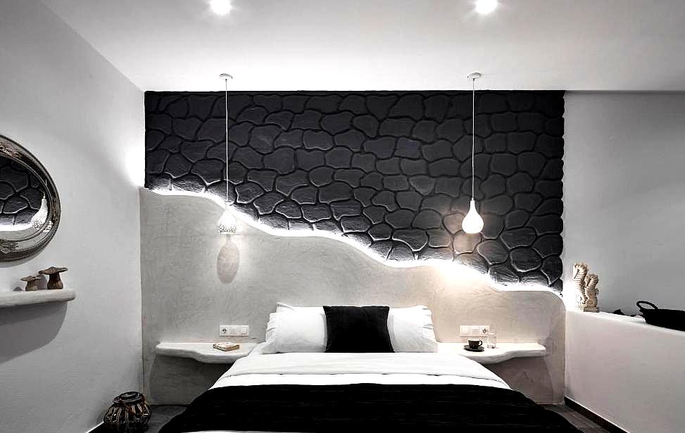 modern room with stone accent wall