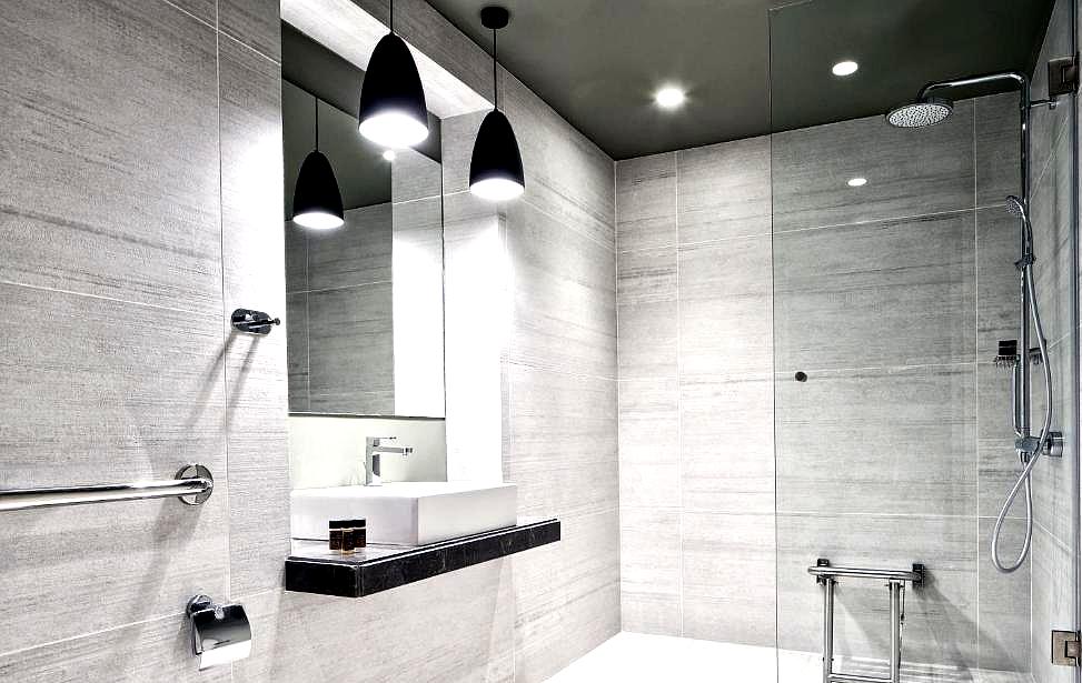 modern wheelchair accessible bathroom with rainfall shower