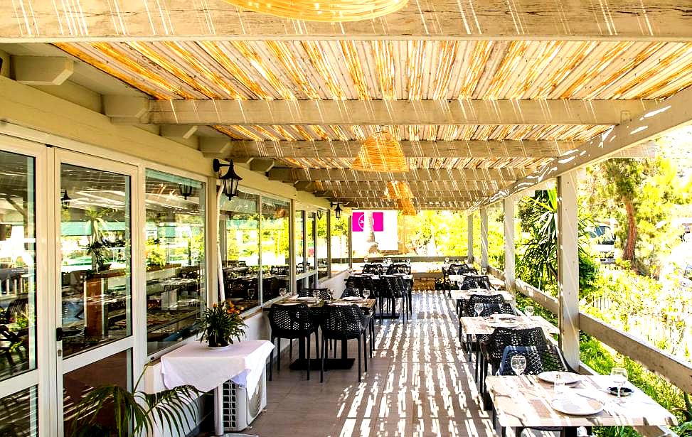 outdoor dining area under wooden pergola