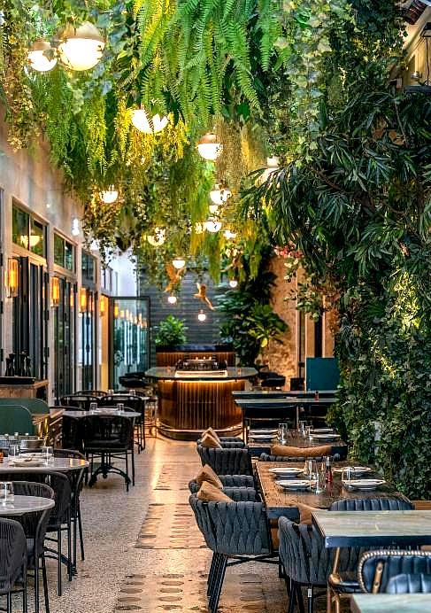 outdoor dining area with hanging plants