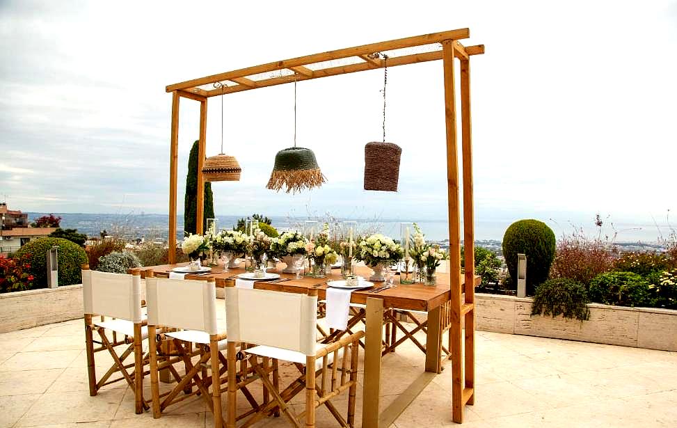 outdoor dining area with sea view