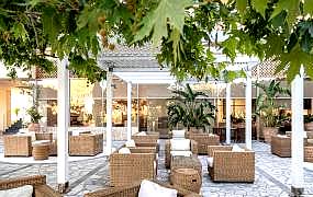 outdoor seating area with rattan chairs and greenery