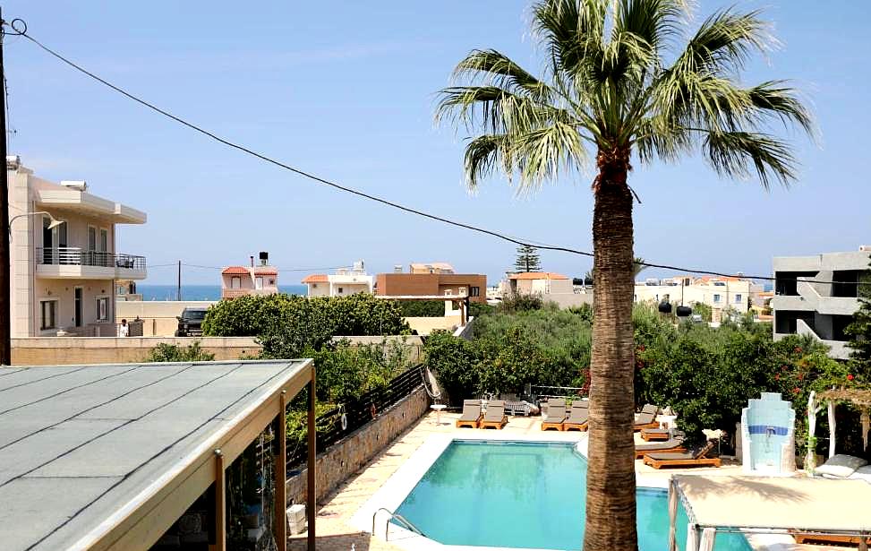 pool view with distant sea and palm tree