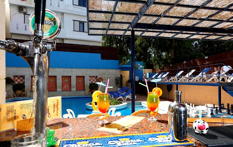 poolside bar with colorful drinks