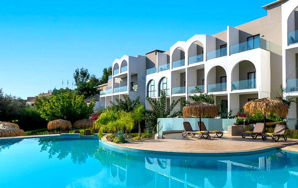 resort style swimming pool with balconies