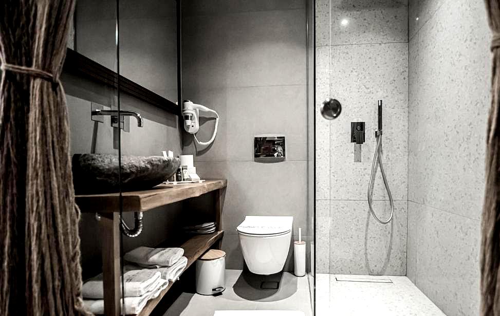 rustic bathroom with stone sink and modern shower