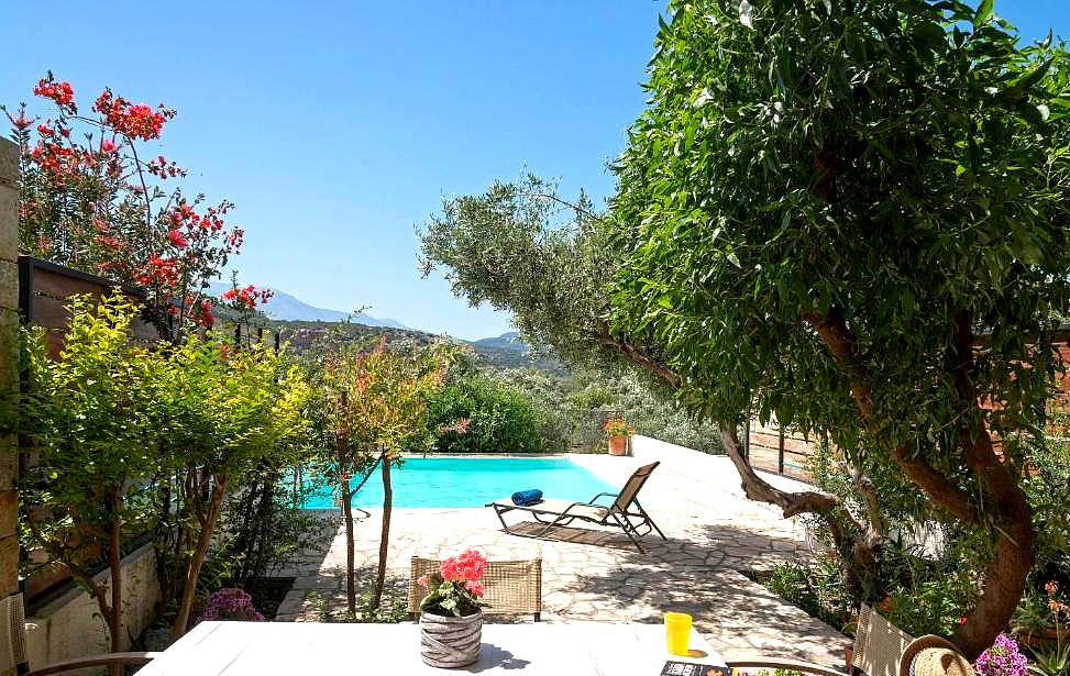 secluded pool area surrounded by lush garden and trees