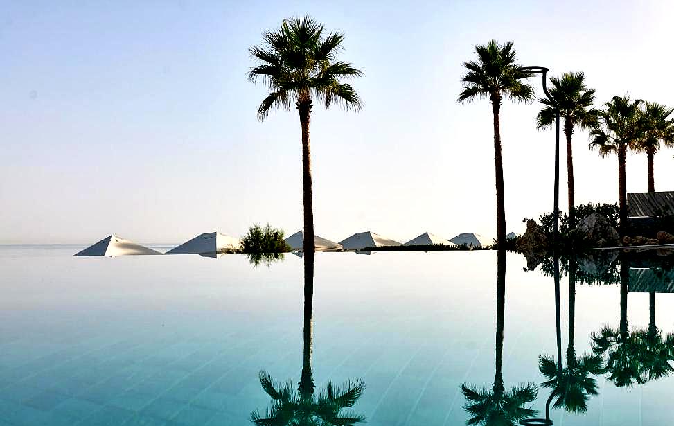 serene infinity pool overlooking the sea with palm trees